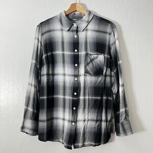 Ava & Viv 1X Black Gray Plaid Flannel Button Up Long Sleeve Shirt Plus Size
